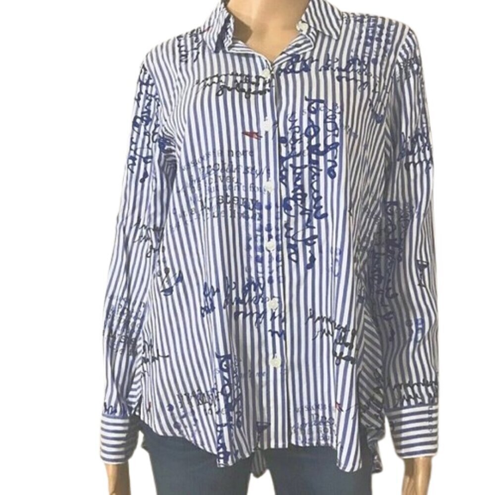 CHICO’S White Blue Striped Conversational Rayon Hi Lo Shirt Tunic Top